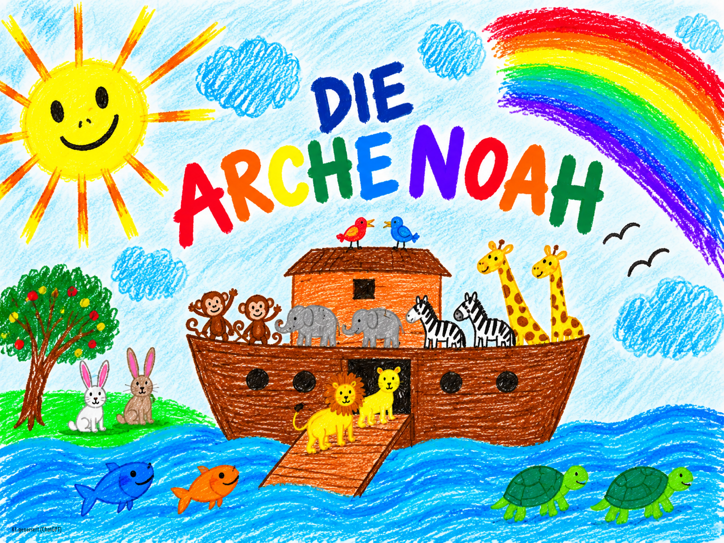 Bunte Kinderzeichnung der Arche Noah mit vielen Tierpaaren, Regenbogen, Sonne und Wellen.